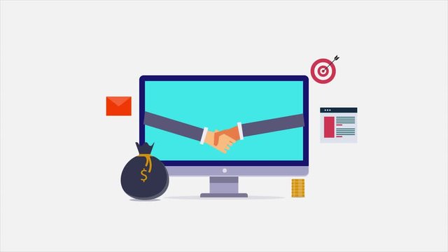Affiliate program, referral marketing, customer relationship,  businessmen shaking hands, company partnership concept. 2d animation, video clip.