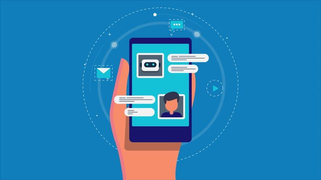 Chat bot technology concept, man doing conversation with chatbot on a mobile phone, Ai robot, online support app. 2d animation, video clip.