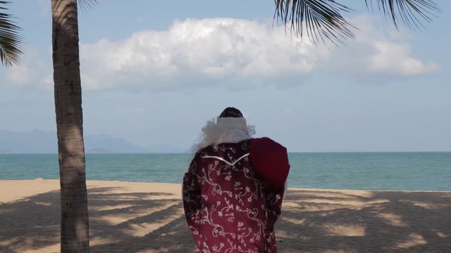 Santa Claus in the palm trees walks on the sand