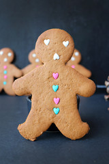 Christmas food. Gingerbread man cookies in Christmas concept settings background. Xmas dessert. background elements. Copy space