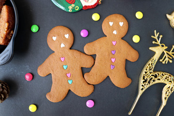Christmas food. Gingerbread man cookies in Christmas concept settings background. Xmas dessert. background elements. Copy space