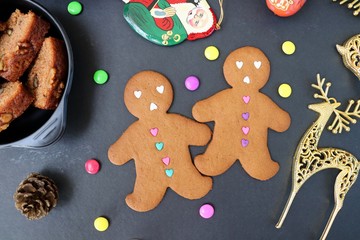 Christmas food. Gingerbread man cookies in Christmas concept settings background. Xmas dessert. background elements. Copy space