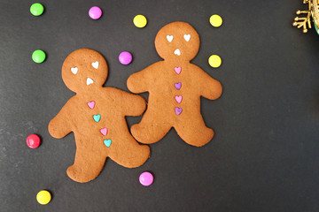 Christmas food. Gingerbread man cookies in Christmas concept settings background. Xmas dessert. background elements. Copy space