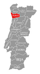 Porto red highlighted in map of Portugal
