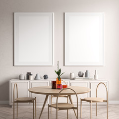 Scandinavian style dining room with wooden chair and table.  Minimalist dining room design. 3D illustration.