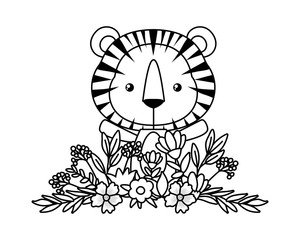 Cute tiger with flowers and leaves vector design