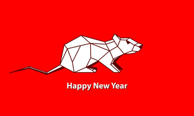 White Polygonal Sitting Rat as a Symbol of Chinese New Year. Vector Linear Mouse on Red Background as Invitation Template for New Year Party.