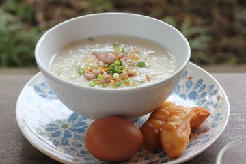 Congee with minced pork and egg, a delicious breakfast menu