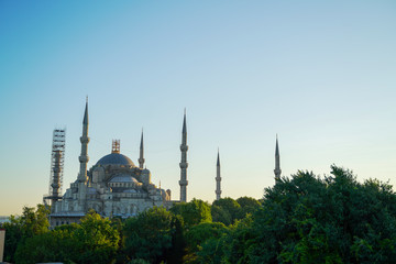 sultan ahmed mosque exterior in istanbul turkey with the blue sky, the biggest mosque in Istanbul...