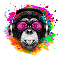 Colorful artistic monkey in eyeglasses with colorful paint splatters on white background.