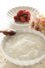 Japanese food, marinated plum Umeboshi and rice porridge