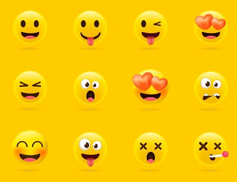 Cartoon emoji collection. Set of emoticons with different mood. 3d style vector illustration isolated on yellow background.