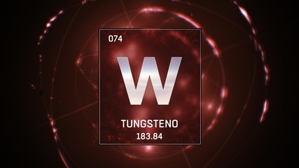 3D illustration of Tungsten as Element 74 of the Periodic Table. Red illuminated atom design background with orbiting electrons. Name, atomic weight, element number in Spanish language