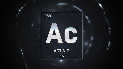 3D illustration of Actinium as Element 89 of the Periodic Table. Silver illuminated atom design background with orbiting electrons. Name, atomic weight, element number in Spanish language