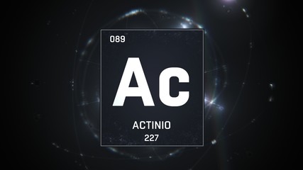 3D illustration of Actinium as Element 89 of the Periodic Table. Silver illuminated atom design background with orbiting electrons. Name, atomic weight, element number in Spanish language