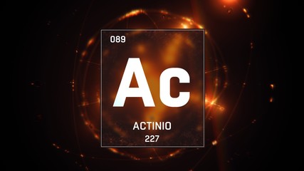 3D illustration of Actinium as Element 89 of the Periodic Table. Orange illuminated atom design background with orbiting electrons. Name, atomic weight, element number in Spanish language