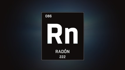 3D illustration of Radon as Element 86 of the Periodic Table. Grey illuminated atom design background with orbiting electrons. Name, atomic weight, element number in Spanish language
