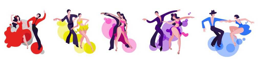 A set of images of dancing couples on the Latin American dance program. Couples dance Samba, Rumba, Paso Doble, Jive, Cha-cha-cha. - obrazy, fototapety, plakaty