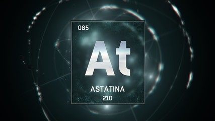 3D illustration of Astatine as Element 85 of the Periodic Table. Green illuminated atom design background with orbiting electrons. Name, atomic weight, element number in Spanish language