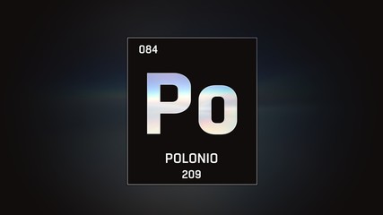 3D illustration of Polonium as Element 84 of the Periodic Table. Grey illuminated atom design background with orbiting electrons. Name, atomic weight, element number in Spanish language
