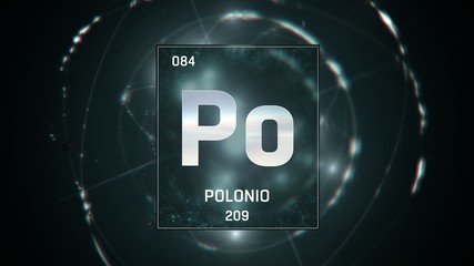 3D illustration of Polonium as Element 84 of the Periodic Table. Green illuminated atom design background with orbiting electrons. Name, atomic weight, element number in Spanish language