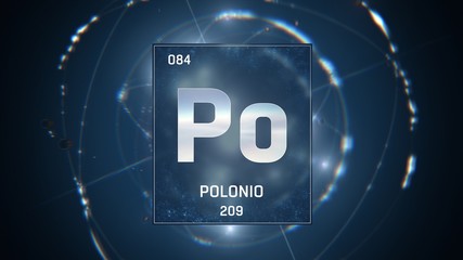 3D illustration of Polonium as Element 84 of the Periodic Table. Blue illuminated atom design background with orbiting electrons. Name, atomic weight, element number in Spanish language