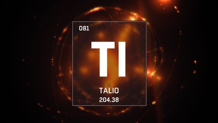 3D illustration of Thallium as Element 81 of the Periodic Table. Orange illuminated atom design background with orbiting electrons. Name, atomic weight, element number in Spanish language