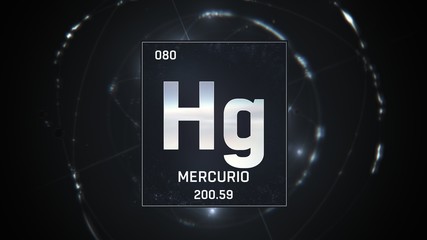 3D illustration of Mercury as Element 80 of the Periodic Table. Silver illuminated atom design background with orbiting electrons. Name, atomic weight, element number in Spanish language