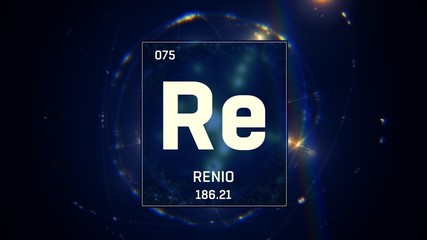 3D illustration of Rhenium as Element 75 of the Periodic Table. Blue illuminated atom design background with orbiting electrons. Name, atomic weight, element number in Spanish language