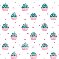 watercolor seamless pattern with cupcakes with turquoise cream and pink topping, round pink candies on a turquoise background. Illustration of sweets in cartoon style
