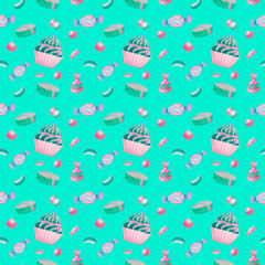 watercolor seamless pattern with cupcakes, different sweets, roll on a turquoise background. Illustration of sweets in cartoon style.