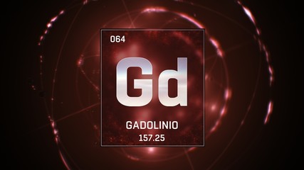 3D illustration of Gadolinium as Element 64 of the Periodic Table. Red illuminated atom design background with orbiting electrons. Name, atomic weight, element number in Spanish language