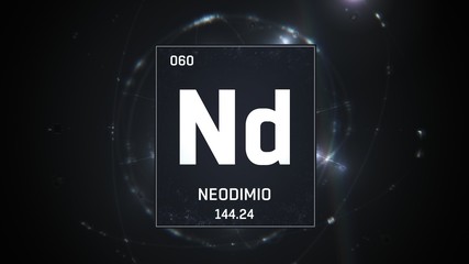 3D illustration of Neodymium as Element 60 of the Periodic Table. Silver illuminated atom design background with orbiting electrons. Name, atomic weight, element number in Spanish language