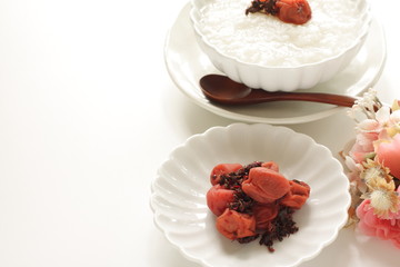 Japanese food, marinated plum Umeboshi and rice porridge
