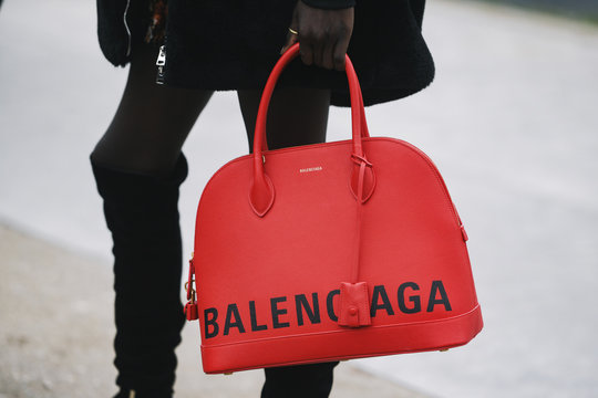 Paris, France - March 03, 2019: Street style outfit, Balenciaga bag in detail, after a fashion show during Paris Fashion Week - PFWFW19