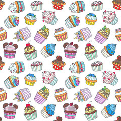 Pattern with cupcakes. Hand drawn background of cupcakes decorated with cream, raspberry, hearts, mint, citrus, blueberry, cookies and unicorn horns on white background. Vector 8 EPS.
