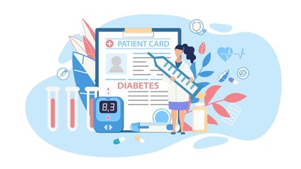 Diabetes Diagnosis and Control Therapy Medical Cutout Cartoon. Doctor Holding Huge Syringe with Insulin Standing over Patient Card and Blood Glucose Meter. Vector Trendy Flat Illustration