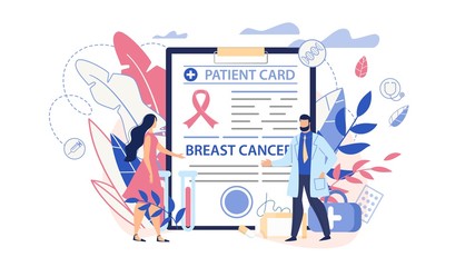 Cartoon Woman and Doctor People Characters Standing near Flat Patient Card with Breast Cancer Diagnose and Awareness. Consultation and Treatment. Healthcare and Disease Prevention. Vector Illustration