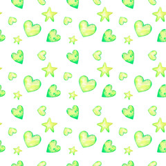 watercolor seamless pattern with bright neon hearts and stars in yellow and green colors on a white background. Illustration in cartoon style for textile, package design, paper, greeting card