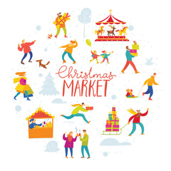 Vector Christmas winter design for holiday market with shopping and active people in a circle.