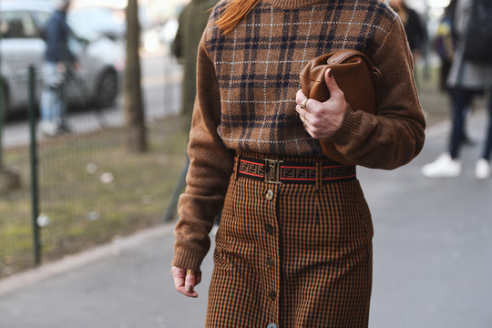 Milan, Italy - February 21, 2019: Street style – Fendi belt detail after a fashion show during Milan Fashion Week - MFWFW19