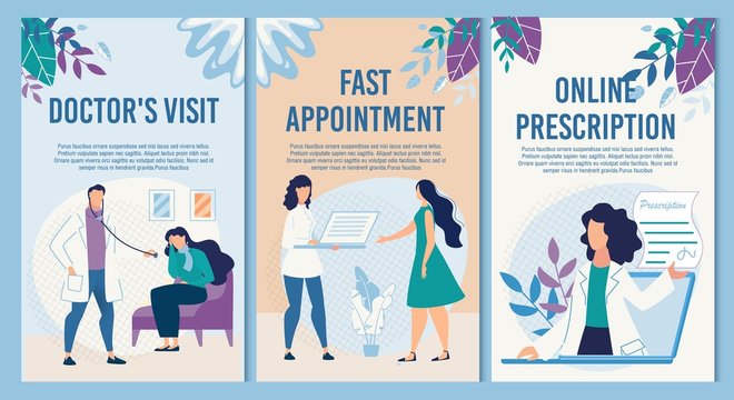 Flat Informational Vertical Medical Banner Set Advertising Clinic Services for Sick People. Online Medication Treatment Prescription, Doctor Home Visit Call Fast Appointment Order. Vector Illustration