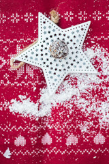 Sweet vegan coconut, cocoa, banana, dates, nuts energy protein balls. On Christmas table cloth background. Vegetarian healthy dessert food. 