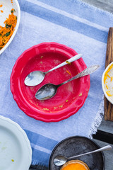 Empty, dirty, unclean, unwashed dishes leftover after having lunch with traces of food left on surface.