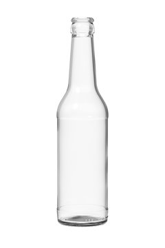 Empty Clear Glass Beer or Soda Bottle. 12 oz or 355ml of volume. Realistic 3D Illustration Isolated on White Background.