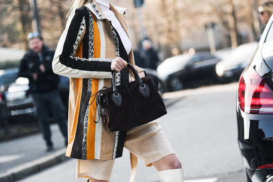Milan, Italy - February 22, 2019: Street style &ndash; Influencer Leonie Hanne outfit detail before a fashion show during Milan Fashion Week - MFWFW19