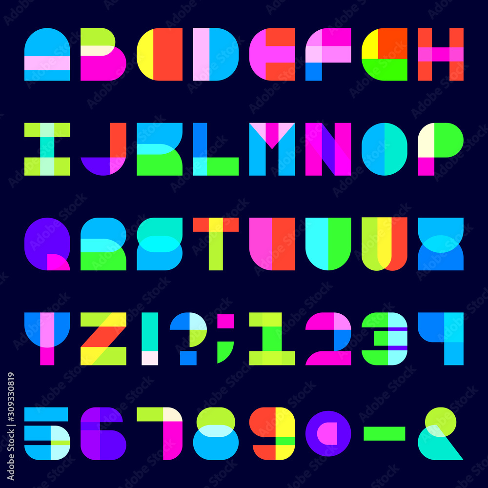 Fototapete abstract colorful alphabet font. blocky letters and numbers with transparency. stock vector typescri