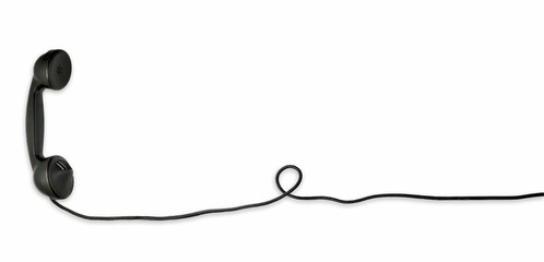 A black vintage dial telephone handset with white background. 