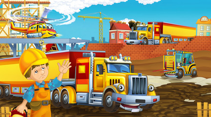 Obraz na płótnie Canvas cartoon scene with industry cars on construction site and flying helicopter and plane - illustration for children