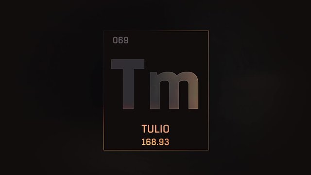 Thulium as Element 69 of the Periodic Table. Seamlessly looping 3D animation on grey illuminated atom design background with orbiting electrons. Name, atomic weight, element number in Spanish language